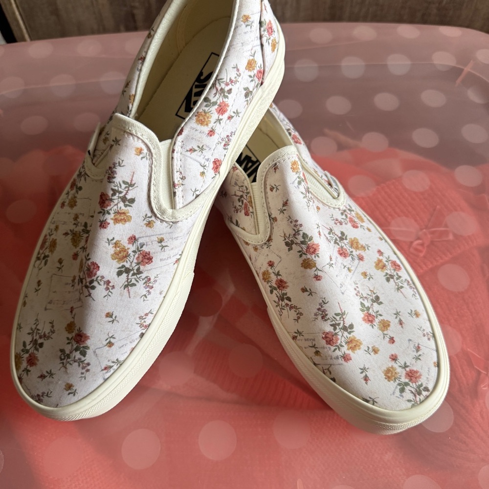 Vans Slip-On Floral Canvas Sneakers - Cream with Pink & Yellow Flowers
